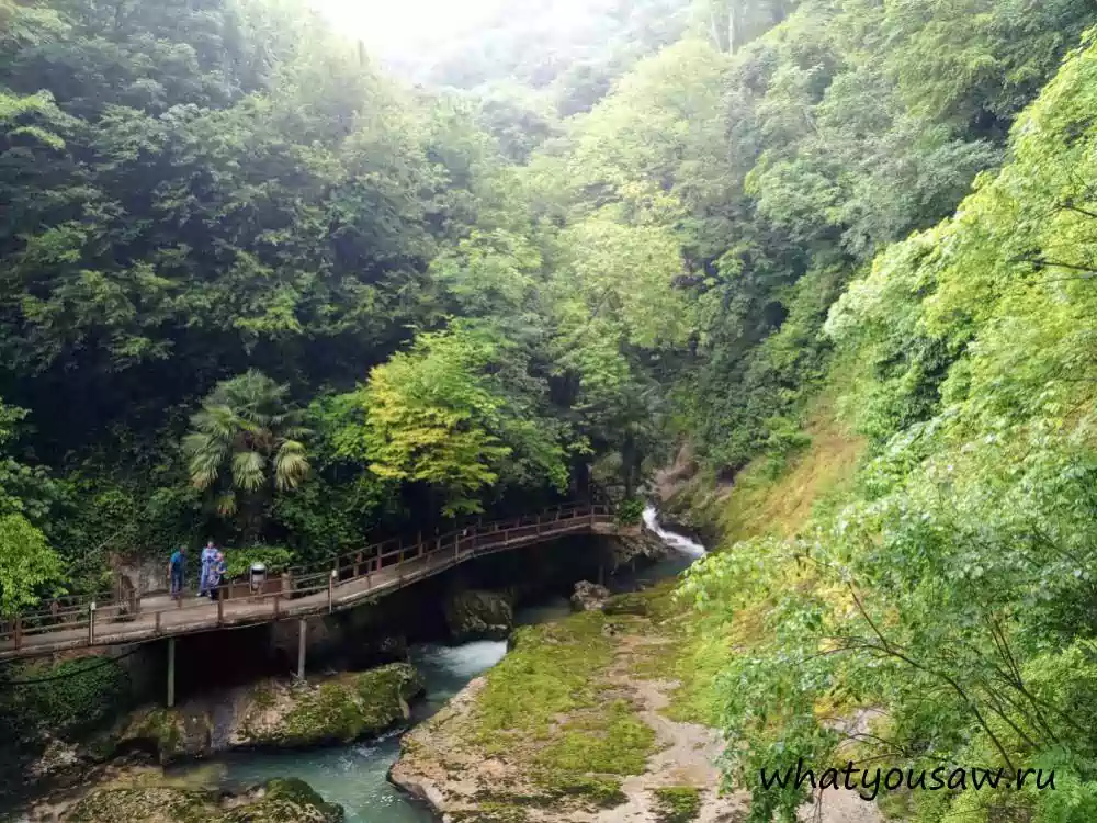 Прекрасный вид со смотровой площадки на мост ведущий посетителей к истокам ущелья